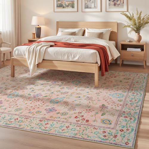 Tapete Floral Boho Lavable 5'x7' Rosa Pálido miniatura 3