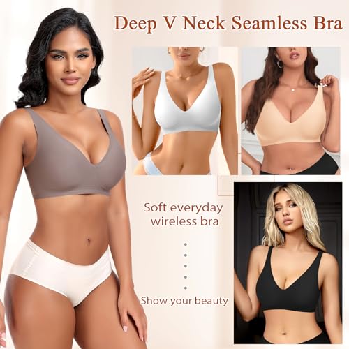Image of DOCUMO Deep V Bras for Women No Underwire Comfort Wireless Bralettes Adjustable Sleep Seamless Plunge Bra with Bra Extender