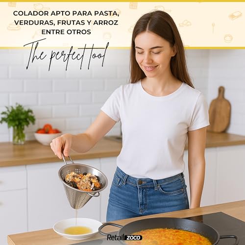 Miniatura 5 de Colador Chino De Cocina, Colador Forma Cónica, Colador Chino, Escurridor De Acero, Apto Para Para Pasta, Verduras, Frutas Y Arroz, Acero Inoxidable, Incluye 1 Gancho De Sujección, Diámetro 20 Cm