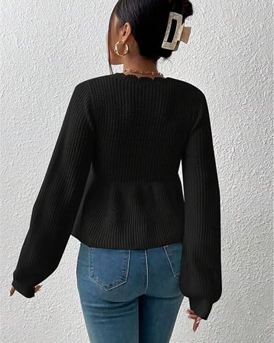 Image of BAIMORE Women's Casual Deep V Neck Drawstring Tie Front Long Sleeve Ruffle Hem Pullover Sweater