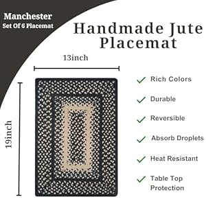 Homespice - Manchester Black & Tan Braided Placemats, Perfect Primitive Placemats Woven with Jute to Use as Dining Placemats - Easy to Clean, Absorbs Spills - Table Placemats Set of 6, 13x19 Inches Homespice Manchester Black Tan Braided Placemats Perfect Primitive Placemats Woven with Jute to Use as Dining Placemats Easy to Clean Absorbs Spills Table Placemats Set of 6 13×19 Inches