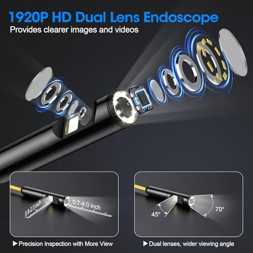 Image of Endoscope with Light, 1920P HD Borescope with 8 Adjustable LED Lights, 32.8FT Semi-Rigid Snake Camera, IP67 Waterproof Inspection Tool for iPhone & Android - Dual Lens