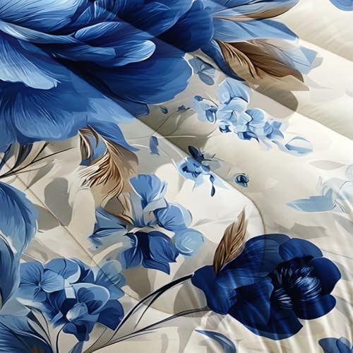 Image of AILONEN Blue and White Floral Comforter Full Size with 2 Pillowcases,Elegant Peony Bedding Set 3Pcs for Women Girls,Romantic Flowers Print Quilt Set for Home Decor