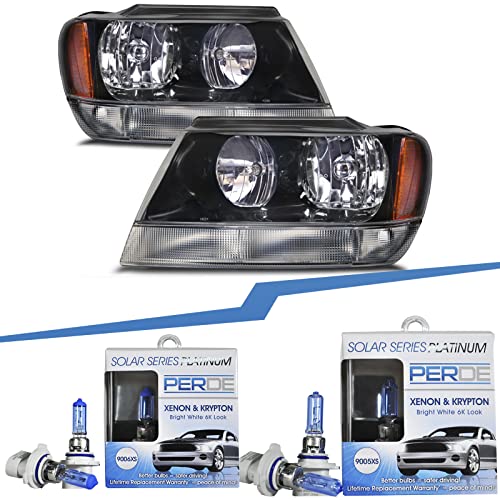 HEADLIGHTSDEPOT Black Housing Halogen Headlights With Clear Signal Light Compatible With Jeep Grand Cherokee 1999-2004 Includes Left Driver and Right Passenger Side Headlamps With Bulbs