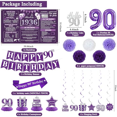Image of Crenics Purple 90th Birthday Decorations for Women - Back in 1936 Backdrop, Banner, Swirls, Centerpieces, Sash, Paper Pom Poms, Cake Topper and Balloons for 90 Birthday Party Supplies