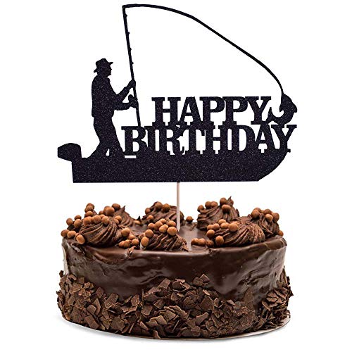 Yuinyo Sea Fishing-Fishing Boats Birthday Cake Topper For Fisherman Theme Man Boy Birthday Party Supplies-Gone Fishing Themed Birthday Party Decorations Glitter Decor Supplies (Black) #TOP3
