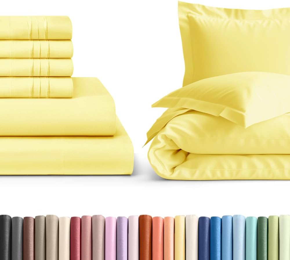 6 Piece Yellow Full Bed Sheet Set with Duvet Cover - 8 to 16 inch Deep Pockets - 1 Flat, 1 Fitted Sheet and 4 Pillowcases - Oeko-TEX - Ultra Soft, Breathable and Wrinkle Free - Hotel Luxury Bedding
