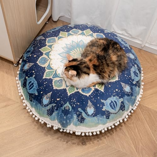 DAWNYIELD Meditationskissen für den Boden, Runde Sitzkissen mit waschbarem und abnehmbarem Bezug, 80 cm Großes Ergonomisches Yogakissen mit Pompon-Dekor, Für Innen- und Außenbereich, grün