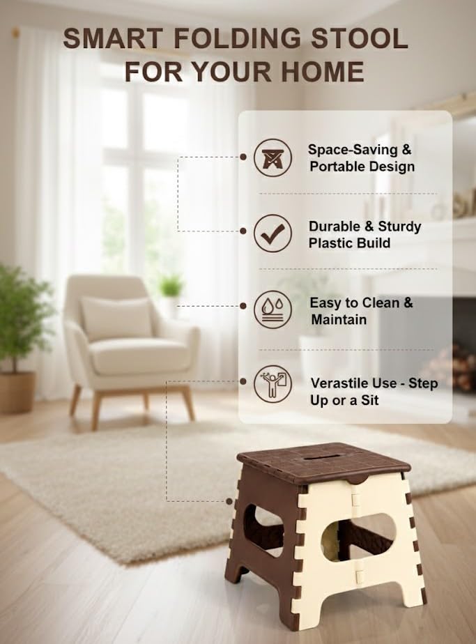 Image of PulGos Set-2, 12-Inch Super Strong Folding Step Stool for Adults & Kids - Foldable Sitting Stool for Home, Kitchen, Garden, Travel - Durable Plastic Feces for Home Use (Brown, White)