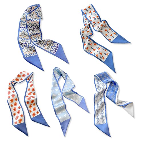5 Packs Skinny Silk Scarf Women Girls Fresh Flower Geometric Pattern Satin Narrow Neckerchief Headdress Ribbon Scarf