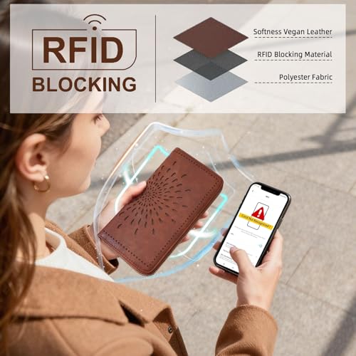 Image of APHISON Wallet Women Large Capacity Clutch Purse For Ladies Card Holder RFID Wristlet Phone Zipper Coin Travel Pocket, 05-brown, 8.2 inch x 4.33 inch x 1 inch, Utility