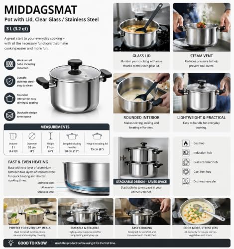 Image of MIDDAGSMAT Stainless Steel Pot with Glass Lid, 3 L, Induction Compatible, Dishwasher-Safe, Steam Vent, Stackable Design, Fast Heating Base