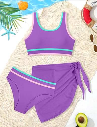 Image of Girls Swimsuit Double Strap High Waist Sporty Bikini Swimsuits Swim Cover Up Skirt 3 Piece Set