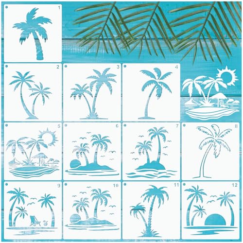 Palm Tree Stencils for Painting on Wood Wall Crafts Reusable Tropical Beach Palms Trees Stencil Art Paint on Wall Canvas Pattern Paint Stencils for Card Making Fabric Shirt Furniture (12 Palm Tree)