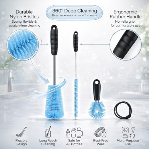Image of 3Pcs Bottle Cleaner Brush Set, L Shape 15 inch Long Handle Washing Bottle Cleaning Brushes for Narrow Neck Water Bottles Tumblers Straws Coffee Mugs Sport Bottles Flasks and Thermos Lid Cup Brush