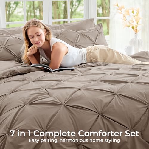 Image of Sasttie Oversized Queen Comforter Set, 7-Piece Bed in a Bag, Pintuck Bedding Sets for All Season, Includes Comforter, Flat Sheet, Fitted Sheet, Pillowcases and Pillowshams, Dark Linen