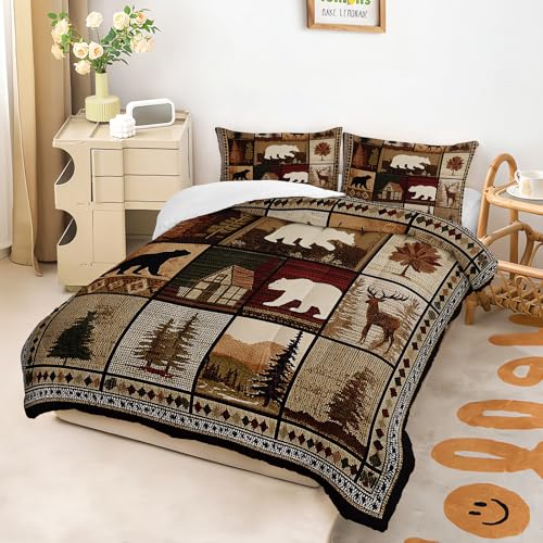 Image of AILONEN Hutting Bear Deer Rustic Comforter Set, Queen Size,Lodge Cabin Woodland Patchwork Bedding Sets,1 Quilt with 2 Pillowcases,Soft Comfortable