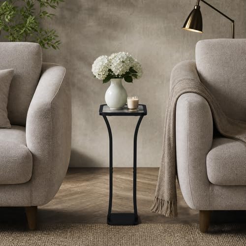 Image of Small Square Side Table, Drink Table with Weighted Base, Solid Wood & Metal Accent Table for Small Spaces, Pedestal End Table for Living Room, Bedroom, Office,Grey