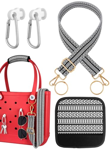 Image of Bag Strap Charms Crossbody for Bogg Bag Accessories - Stripe Shoulder Strap Neoprene Luggage Handle Wrap for Suitcase & 2 Key Holders Black