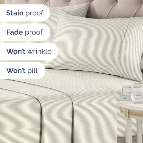Image of Full 4 Piece Striped Sheet Set - Soft, Breathable & Cooling - Beige Ombre
