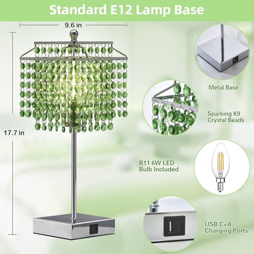 Image of Luvkczc Crystal Table Lamp with Touch Control, Bedside Crystal Table Lamp | with USB C+A Ports,Dimmable Lamp for Girls Bedroom, Living Room, Green & B11 LED Bulb Included