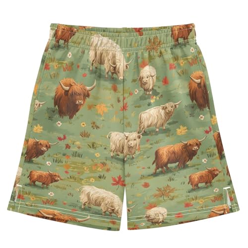 Highland Cattle Maple Leaves Boys Active Basketball Shorts Lightweight Summer Sports Shorts with Pockets for Kids