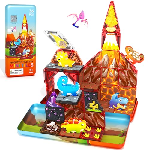 Image of 36PCS Mini Magnetic Tiles Dinosaur Kids Toys with Case - Toddler Travel Essentials Outdoor Set, Magnetic Blocks Montessori Preschool Sensory Building Toys for 3 4 5 Year Old Boys