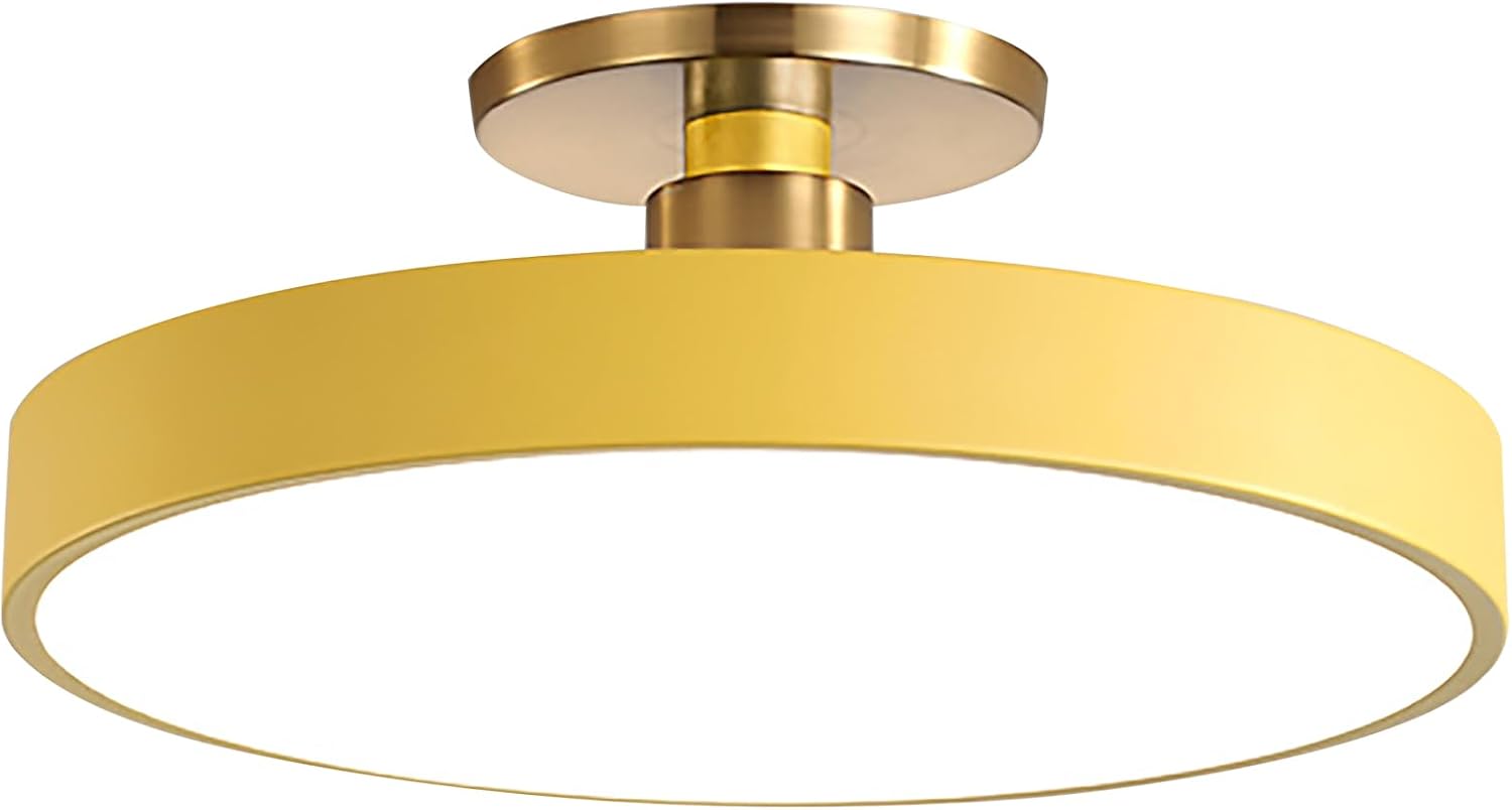 Mid Century Ceiling Light LED Contemporary Semi Flush Mount Ceiling Lamp Gold Ceiling Lighting Daylight White 48W Yellow Round Shade Nordic Pendant Lights Fixtures for Bathroom Bedroom