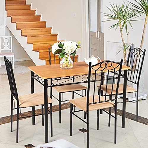 TANGZON 5PCS Dining Table Set, Steel Frame Rectangular Kitchen Table with 4 High Back Sponge Padded Chairs, 5 Pieces Dining Set for Living Room, Dining Room, Cafe & Restaurant (Fabric Seat, Orange)