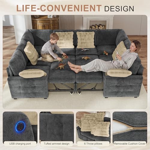 Image of Hanherry Sectional Couch with Pull Out Sofa Bed,Chenille Sleeper Sofa with 2 Seat Storage & USB Charging,Comfy L Shaped Modular Couches for Living Room,Apartment