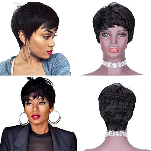 Short Human Hair Pixie Cut Wigs with Bangs Brazilian Natural None Lace Front Machine Made Cute Wig Black Color for Women (1B#)
