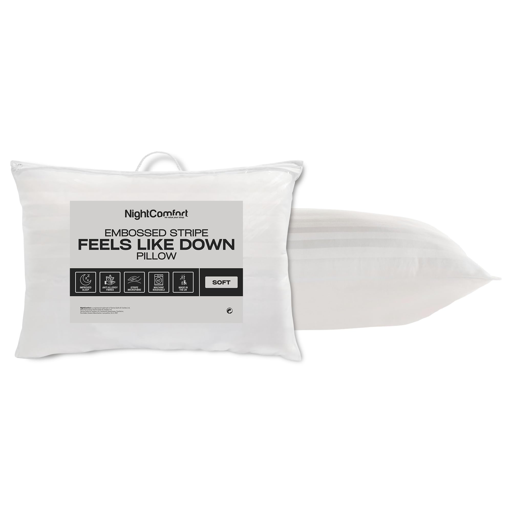Night Comfort Soft Support Satin Stripe White Pillow - Hypoallergenic Microfibre Pillows For Front And Stomach Sleepers, Filled With Bouncy Hollowfibre, Big Pillows For Bed (Pack Of 1)