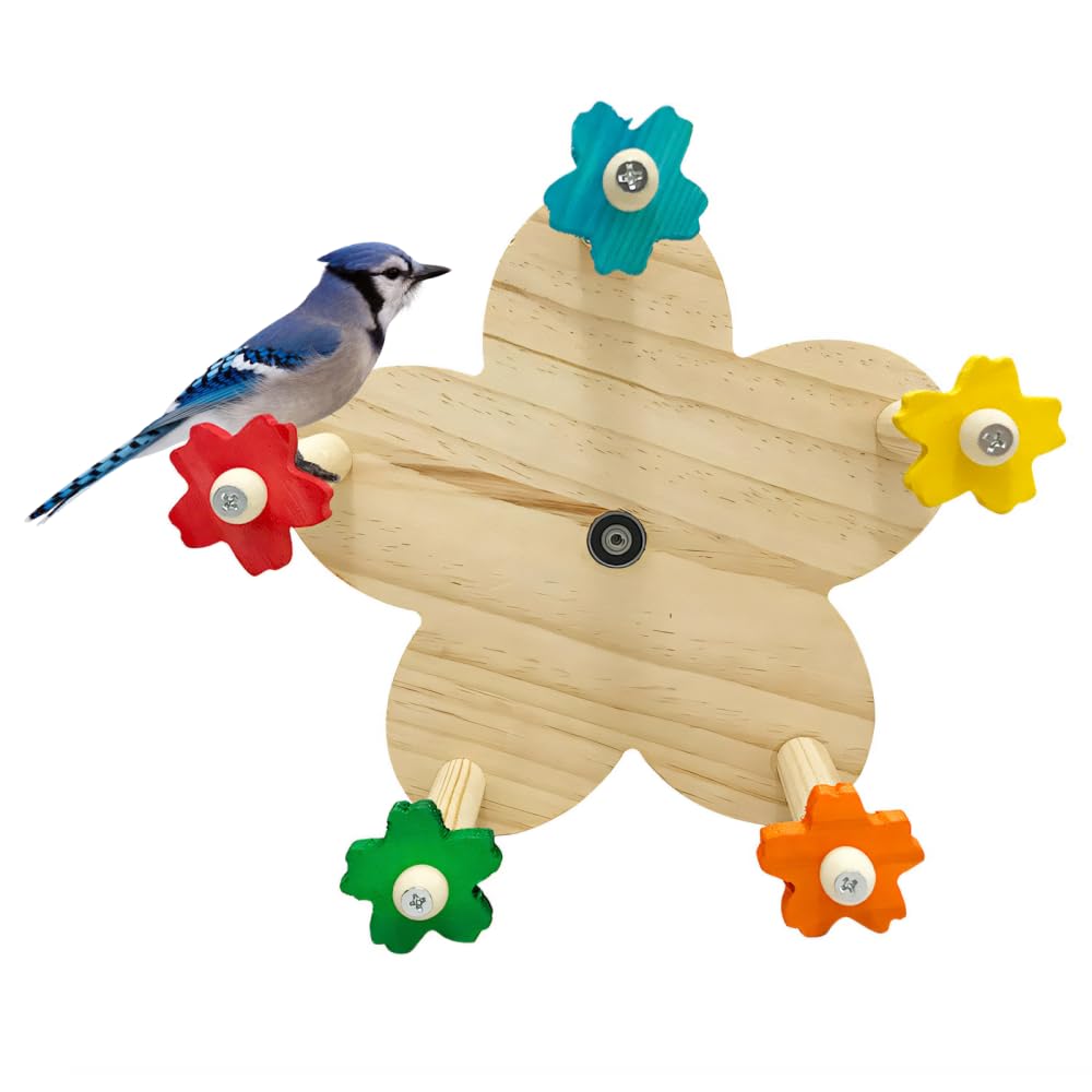 Wood Bird Perch Stand, 360° Rotating Floral Bird Cage Accessories for Parakeets, Cockatiels, Small Parrots Hanging Training & Exercise Toy