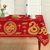 Horaldaily Newyear Tablecloth 60×84 Inch Rectangular, Chinese Snake Lunar New Year Red Washable Table Cover for Party Picnic Dinner Decor