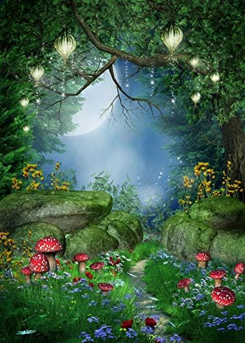 Enchanted Garden Backdrop Fairy Tale Forest Woods Magic Lantern Mushroom Printed Fabric Photography Background (F0214, 5' Wide by 7' Tall)