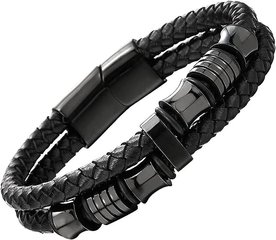 BeFunky Men Double-Row Braided Leather Bracelet Bangle Wristband with Stainless Steel Ornaments (Black Leather + Black Accessories) (B0CHBD76TF) Amazon Price History, Amazon Price Tracker