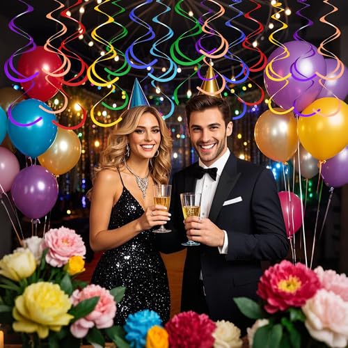 Image of Colorful Ceiling Swirl Foil Decorations Hanging Plastic Streamer Themed Swirl Party Decoration for Wedding Thanksgiving Day Graduation Celebration, Pack of 28 (Multicolor 15)