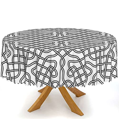 Celtic Pattern Round Table Cloth, 60 Inch, Waterproof Fabric Decorative, Durable Reusable Table Clothes, Wipeable Spill Proof Wrinkle Resistant For Kitchen Dining Dinner Shower Parties, White Black #TOP1