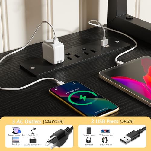 Image of EnHomee 56.5 inch Office Desk with Drawers & Printer Space for Home Work,Black | Computer Desk with 3 AC Outlets& 2 USB Ports,40 inch*7 inch Long Monitor Stand,Side Pockets with Storage Space,Home Office,Bedroom