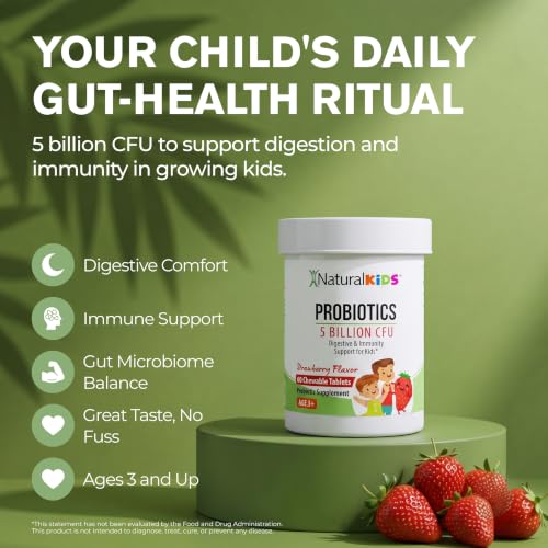 NaturalSlim Kids Probiotics for Digestive & Gut Health, Immune Support, 5 Billion CFU with LGG, BB-12 & 4 Probiotic Strains, 35 mg Calcium, for Children Ages 3+, Strawberry Flavor, 60 Chewable Tablets - Image 3
