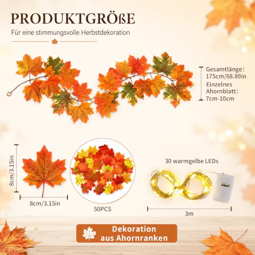 Herbstdeko, Herbstgirlande mit LED Lichterkette 175 cm Ahornblätter Girlande, Girlande Herbst mit 50 Ahornblättern, Herbst Deko für Tür Kamin Fenster Treppe Erntedank Halloween Innenraum Dekoration – Bild 2