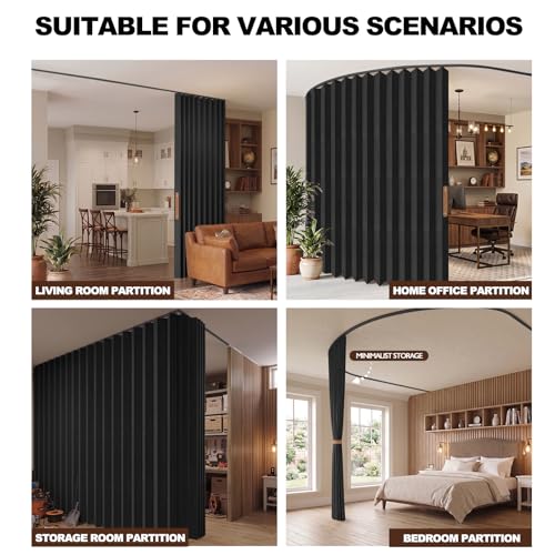 Image of JILRON Accordion-Style Room Divider with Ceiling Track - Foldable Partition Curtain, Easy Installation(Black 180 inch W x 96 inch L-Pack of 1)