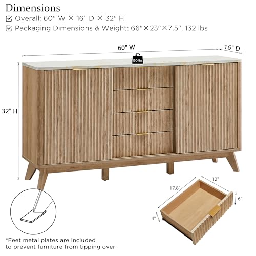 T4TREAM Fluted Buffet Cabinet, 60" Modern Sideboard with Sliding Doors & 4 Drawers, Coffee Bar Table with Storage, Faux Marble Top and Curved Profile Design for Dining Room, Living Room, Natural Oak - Image 3