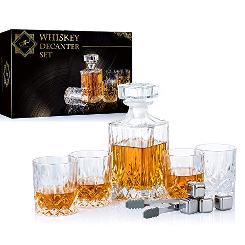 YouYah Whiskey Decanter Set with 4 Crystal Glasses,4 Stainless Steel Ice Cubes & Tong,Whiskey Gifts for Men,Rocks Glass,Lowball Bar Glass for Cocktails,Scotch,Bourbon,Cognac (Square + 4 Cubes)