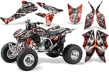 AMR Racing ATV Graphics kit Sticker Decal Compatible with Honda 450 TRX/R 2004-2016 - Mad Hatter Silver Red