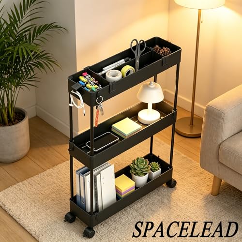 Image of SPACELEAD Slim Storage Cart 3 Tier,Bathroom Organizer Rolling Utility,Mobile Shelving Unit Slide Out for Office, Kitchen, Laundry Room & Narrow Places,Black