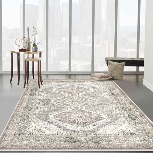 KUTA Area Rug 4x6 Living Room, Washable Rugs Oriental Distressed Tribal Ivory Grey Yellow, Non-Slip Dining Room Carpet, Soft Low Pile Cozy Printed Medallion Throw for Bedroom Kitchen