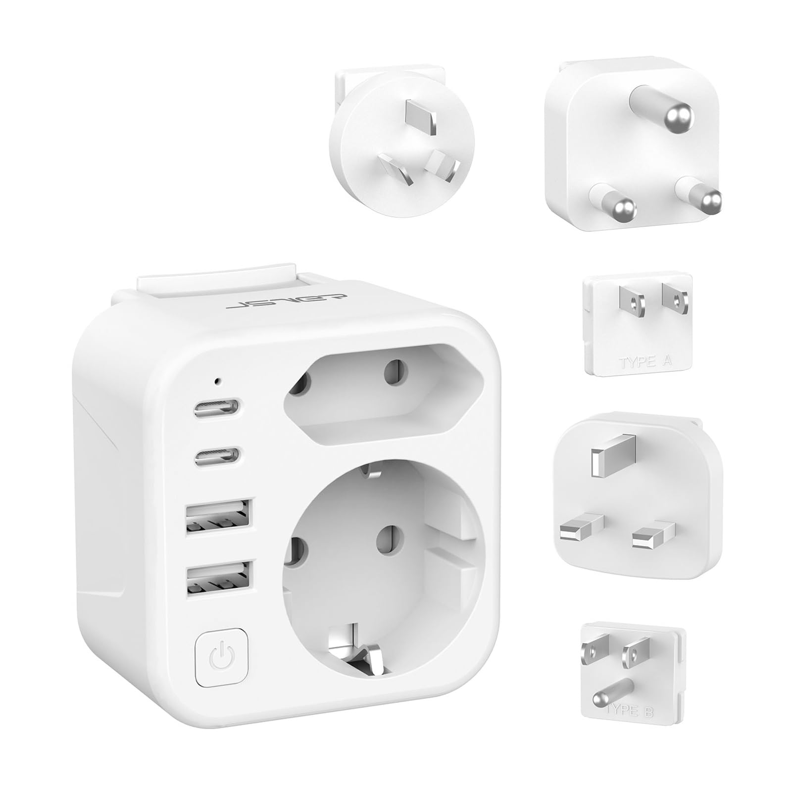 JSVER Enchufe de Viaje Universal,Adaptador de Enchufe Universal con 5 Enchufes Reemplazables Tipo A/B/G/I/M Cargador con 2 Enchufes de CA para Reino Unido,Australia,Japón,Sudáfrica,USA(Blanco)