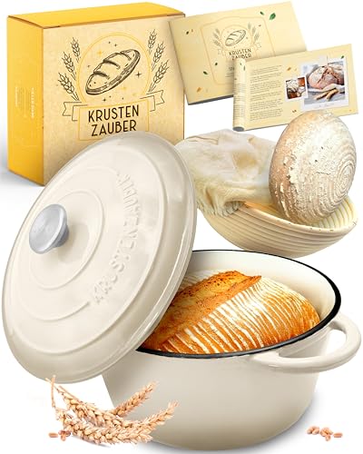 KRUSTENZAUBER Gusseisen Topf Brot backen emailliert inkl. Gärkorb - 26cm Emaille-Topf samt Zubehör - Ideal als Brotbacktopf, Brottopf, Brotbackform mit Deckel, Gusseisentopf Brotbacken, Schmortopf KRUSTENZAUBER Gusseisen Topf Brot backen emailliert inkl. Gärkorb - 26cm Emaille-Topf samt Zubehör - Ideal als Brotbacktopf, Brottopf, Brotbackform mit Deckel, Gusseisentopf Brotbacken, Schmortopf