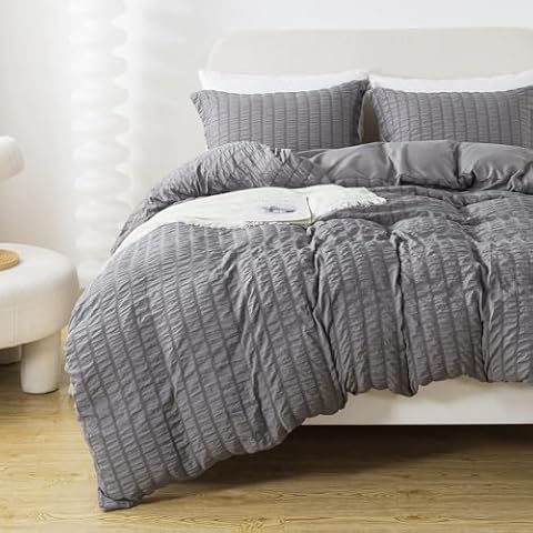 HYLEORY Gray Duvet Cover Twin Size, 3 Pieces (1 Duvet Cover + 2 Pillow Cases) Soft Washed Microfiber Duvet Cover Seersucker Duvet Cover Set with Zipper Closure and Corner Ties for All Seasons Cover
